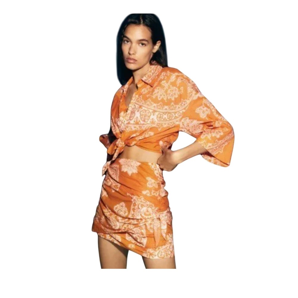 Zara Orange Paisley Cotton Tie Front Crop Top 3/4 Sleeve Boho Shirt XS